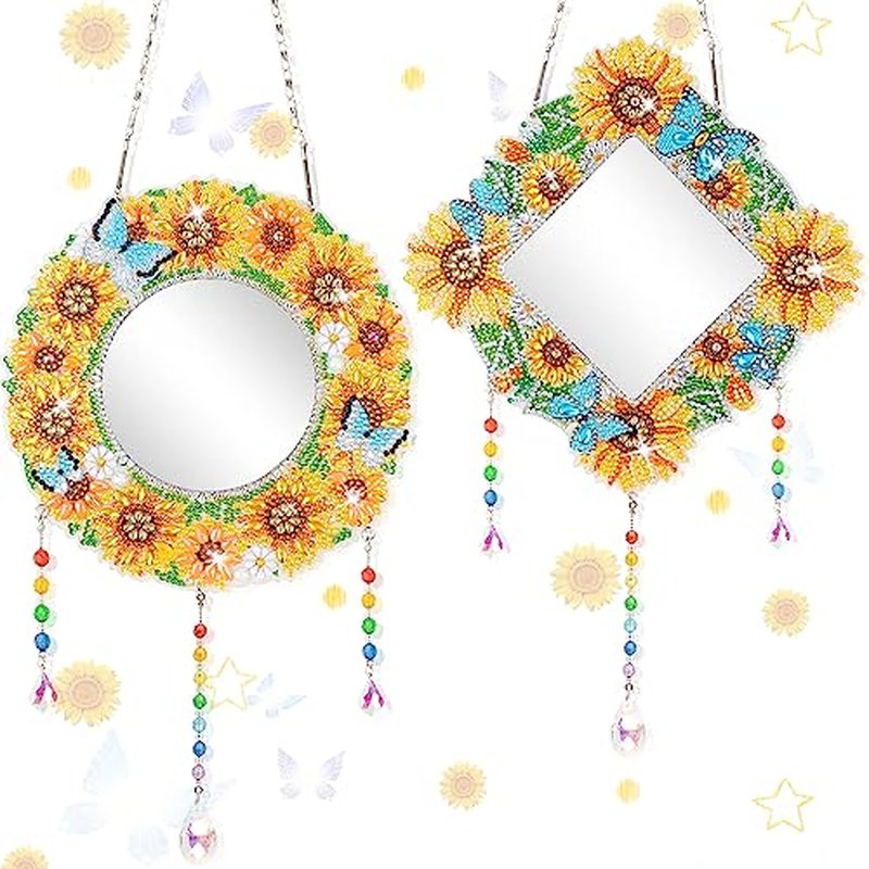 2Pcs Mirror, Sunflower Diamond Makeup Mirror, Special Shaped Crystal DIY Suncatcher for Beginner Arts Crafts Gifts Home Decor