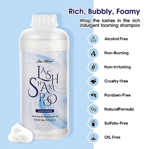 Lash Shampoo for Lash Extensions 1L/35fl.oz Eyelash Extension Cleanser Lash Cleaning Kit, Gentle Foaming Eyelash Shampoo with Brush and Wash Bottle for Salon Home Care Unscented