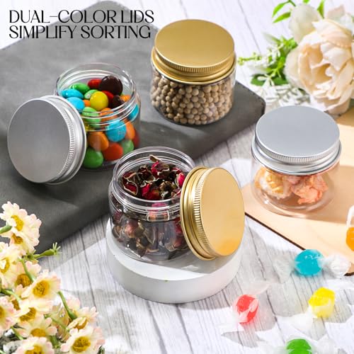 Mini Plastic Jars with Lids - 2 oz Clear Containers with Gold & Silver Aluminum Lids, Bulk 100 Pcs