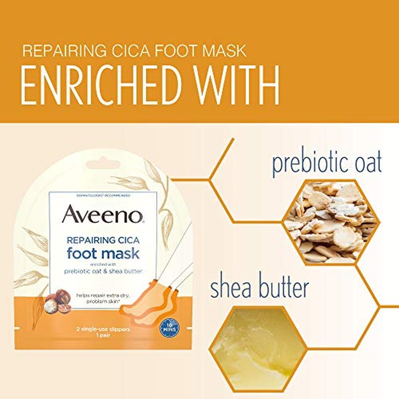 Aveeno Repairing CICA Foot Mask & Hand Mask with Prebiotic Oat and Shea Butter, for Extra Dry Skin, 1 ea