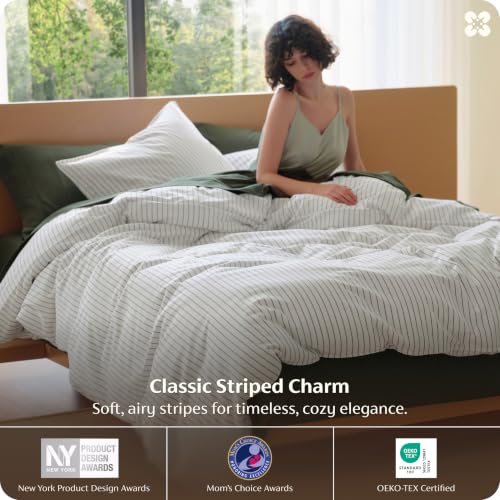 Bedsure Queen Size Stripe Duvet Cover Set Linen-Like Cotton 3-Piece
