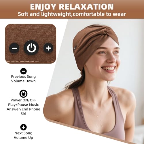 Bluetooth Headband for Women - Black & Brown Wireless Headphones with HD Stereo Speakers for Workout & Travel