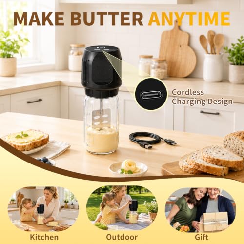 Electric Butter Churn 32oz Cordless High-Speed Maker 8000RPM - 5-10 Min
