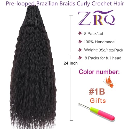 Pre-Looped Micro Brazilian Curly Crochet Hair 24 Inch - Pack of 8, Color 1B#