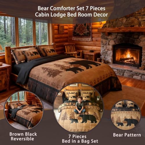 Queen Size Bear Comforter Set - Rustic Lodge Animal Bed in a Bag, 7 Pieces, Brown & Black