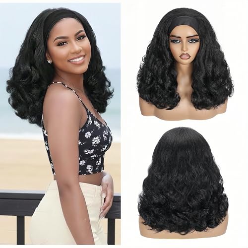 16 Inch Yaki Curly Headband Wig Natural Black - No Glue, Tangle-Free, Synthetic Hair