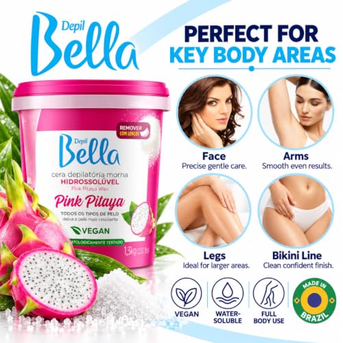 Depil Bella Brazilian Pink Pitaya Sugar Wax Paste 2.87 lb (45.92 oz) – Stripless Hard Wax for Brows, Bikini & Body