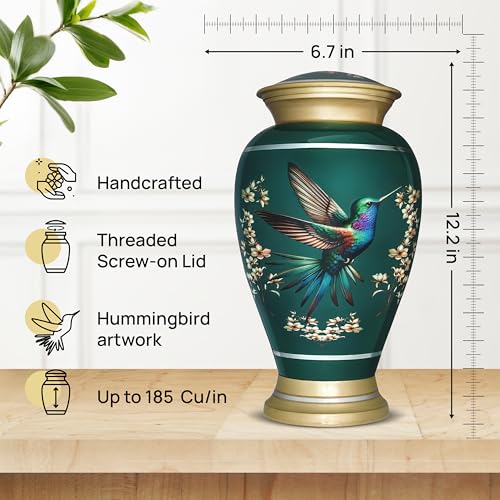 Remoria Large Green Hummingbird Cremation Urn for Adults - Aluminum Memorial Container
