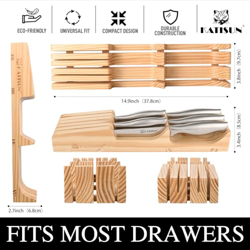 Drawer Knife Block Set - 6 Piece Kitchen Knife Organizer with Pine Block