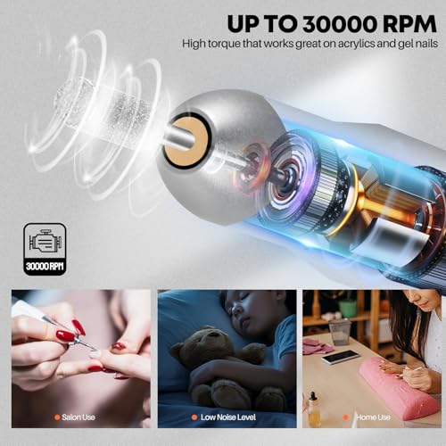Electric Nail Drill Portable Nail Drill Professional 30000 RPM 13 Salon Quality Drill bits 50 Sanding Bands Portable & Low Noise for Acrylic Nails Gel Polishing Removing Bits Kit for Home Use