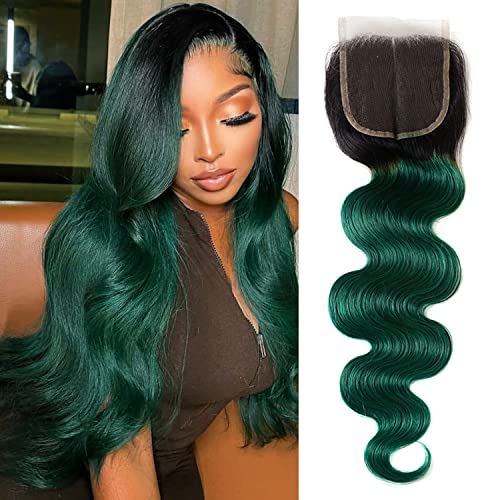 14 Inch Green Lace Closure Body Wave Human Hair Extensions - Ombre Pre Plucked With Baby Hair
