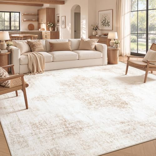 Beige 8x10 Vintage Rug with Non-Slip Backing - Washable Low-Pile Living Room Carpet - Variation of This Listing