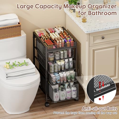 5-Tier Rolling Makeup Cart Organizer with 4 Drawers, Cosmetics Display with Dividers, Floor Skincare Storage with Wheels, Versatile Vanity Organizer for Nail Polish Perfume Brush Hair Tool, Black