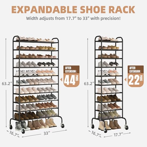 Expandable 10-Tier Shoe Rack - Tall Shoe Organizer for 44 Pairs - Black