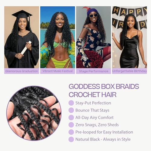 salanno Classic Goddess Box Braids Crochet Hair 24 Inch - 8 Packs of Synthetic Extensions with Curly Ends, Natural Black