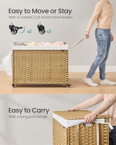SONGMICS 210L Natural Synthetic Rattan Rolling Laundry Hamper with Lid & Removable Liners