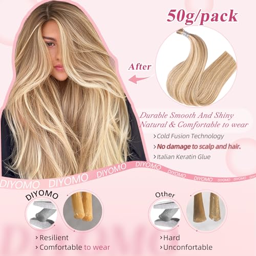 I Tip Hair Extensions Human Hair Ash Brown Highlighted Bleach Blonde 16 Inch - Dark Blonde to Light Blonde, 50g, Reusable, Easy to Install Variation #18/613