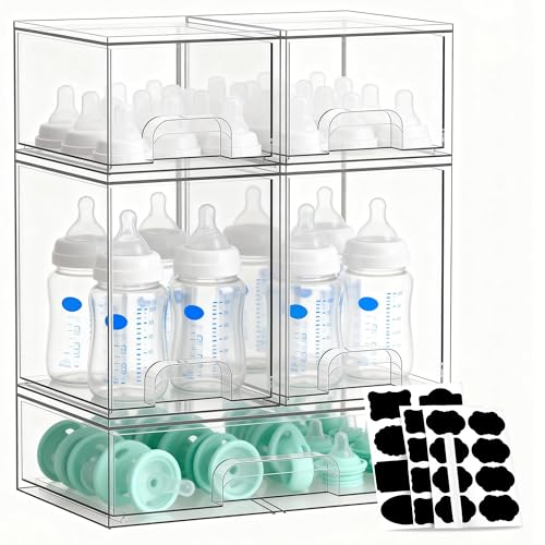 Stackable Storage Drawers Set of 5, Baby Bottle Organizer, Clear Multipurpose Storage for Countertop - Organize Kitchen, Vanity, Bathroom Cabinet & Pantry Supplies