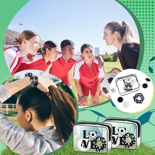 Soccer Gifts Set for Women - Makeup Bags, Hair Scrunchies & Folding Hair Brush - Black and White - Variation of Soccer