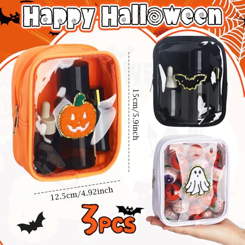 Sunnymove Organer Halloween Makeup Bag with Pumpkin Ghost Bat Chenille Patches, 9 Pack, Cute & Transparent