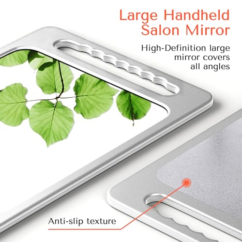 Unbreakable Handheld Barber Mirror with Double Handles - Silver Gray, 15.8 x 10.2 inches