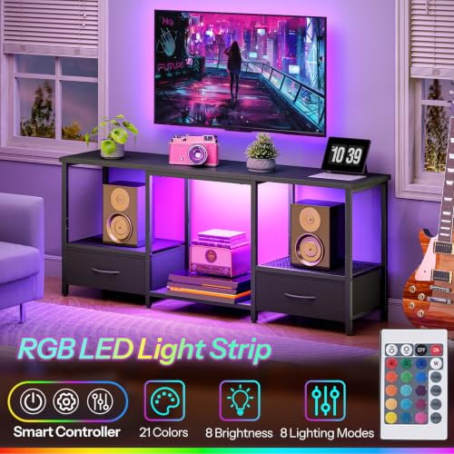 Black LED TV Stand with Storage for 55-Inch TVs, Open Shelves & Drawer