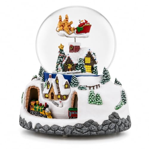 Musical Christmas Village Snow Globe with Santa & Reindeer—48 Carols, Remote