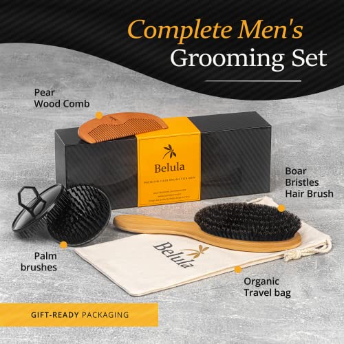 Men's Boar Bristle Hair Brush Set for Thin, Short Hair - Natural Oil Distribution & Scalp Massage