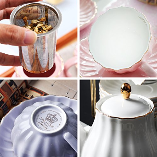 White Porcelain Royal Tea Set for 6 with Teapot Sugar Bowl & Strainer - 8 OZ Cups