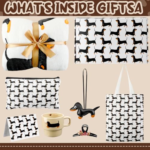 8 Pcs Dachshund Gifts for Women Blankets Hair Clips Canvas Tote Bags Cosmetic Bags Pendants Mugs Gift Cards and Boxes for Dog Mom Gifts New Puppy Owners