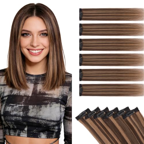 Clip-In Hair Extensions 6PCS Short Straight Balayage Highlights Dark Brown & Light Brown - 12 Inch
