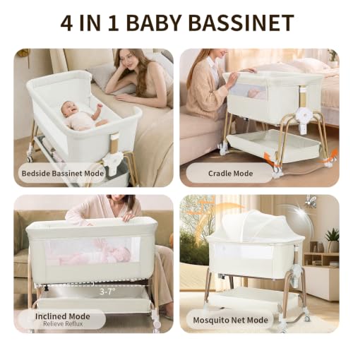 Suihuooo 4-in-1 Baby Bassinet with Mosquito Net - Cream White Portable Bedside Sleeper & Travel Cradle
