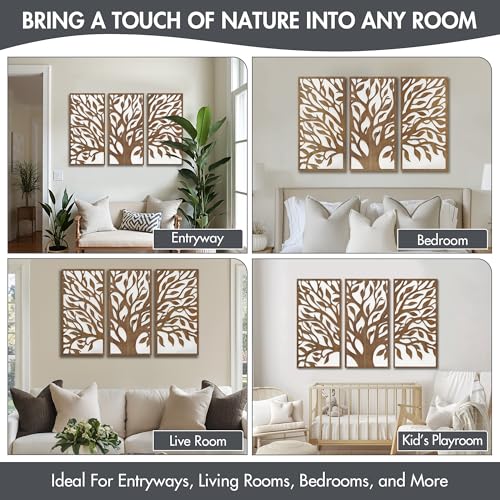 Tree of Life Wall Decor Set - Birch Botanical Two-Tone 3-Piece Wood Panels, Ready to Hang, 16 x 32 Inches, Unframed