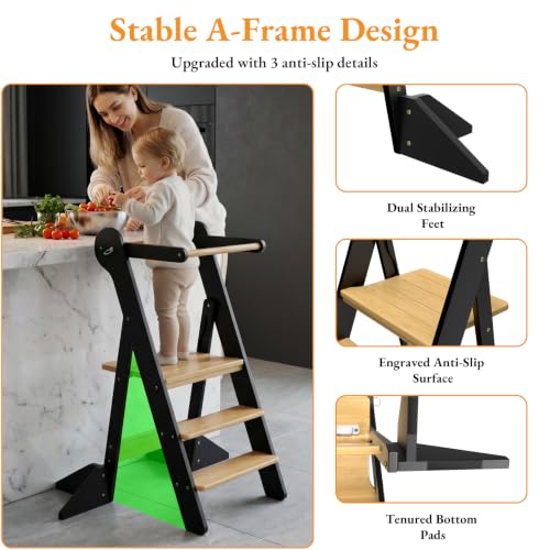 Foldable Toddler Standing Tower Kitchen Step Stool Charcoal & Natural