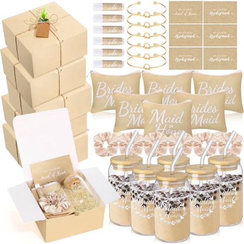 54 Pcs Bridesmaid Proposal Gifts, Maid of Honor Bride Gift Include Wedding Gift Box Makeup Bag Invited Card Glass Cup Lip Balm Scrunchie Bracelet for Bridal Shower Party(Beige)