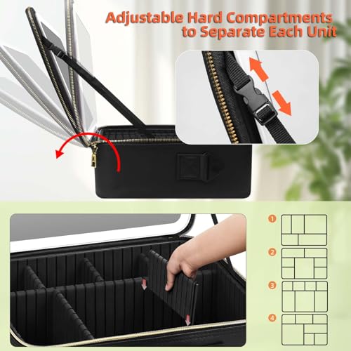 Large Travel Makeup Bag with LED Mirror - Detachable Stand & Adjustable Divider, Black (Variation of THIS listing)