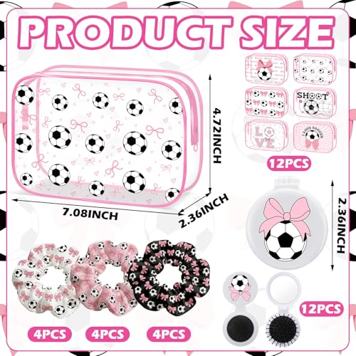 Pink Bow Soccer Gifts Set for Girls – Makeup Bag, Hair Scrunchies & Folding Brush – Sports Party Favors