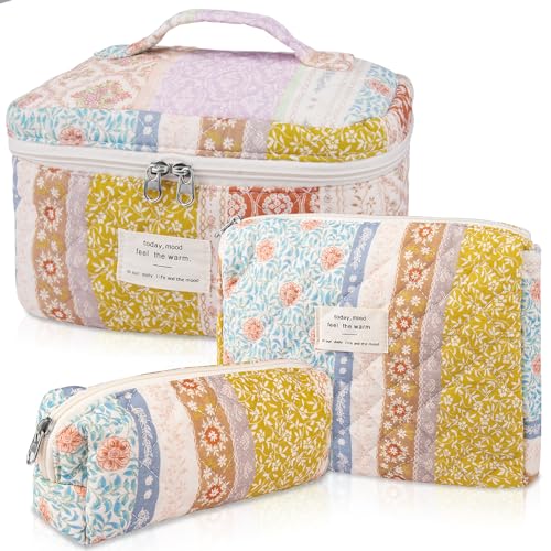 Gosect Bee Floral Quilted Makeup Bag Set, Large Travel Cosmetic Organizer