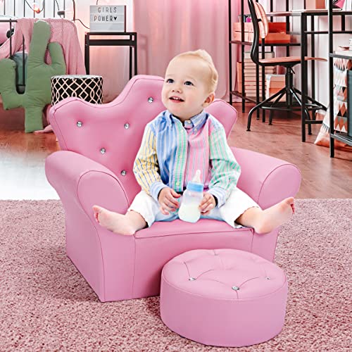 Kids Pink Princess Sofa Set with Ottoman - Toddler Upholstered Couch, Diamond Decor