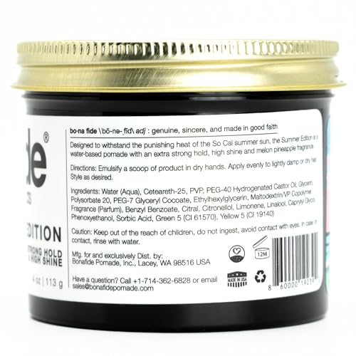 Bona Fide Pomade Summer Edition 4 oz - Extra-Strong Hold & High Shine Water-Based Hair Pomade with Pineapple Melon Fragrance