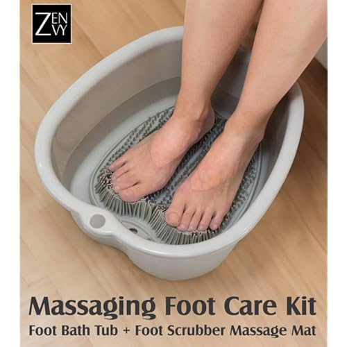 ZENVY Foot Bath Tub and Silicone Foot Scrubber Massage Mat Set for Soothing at-Home Relaxation (Foot Bath & Scrubber Mat)