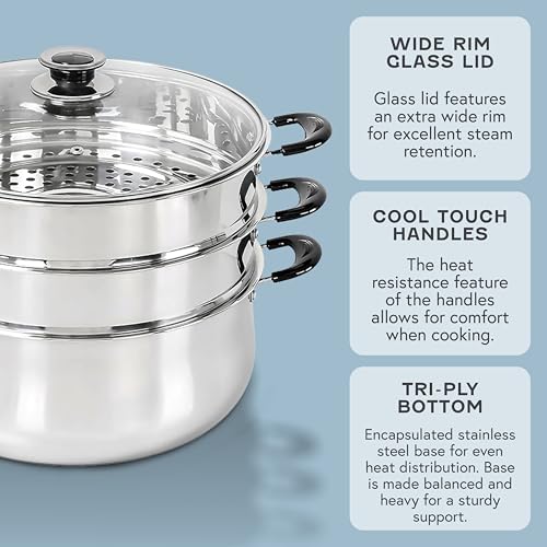 Stainless Steel 3-Tier Steamer Pot - Large Multi-Use Cookware for Vegetables & Rice