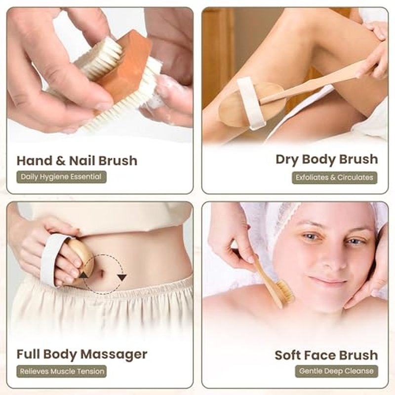 4-in-1 Exfoliating Body Scrubbers - Shower Back Brush for Women, Bristle Bamboo Brushes for Men, Dry Brushing for Lymphatic Drainage, Bath Long Handled Scrub, Cleansing Face Exfoliator, Nail Scrubber