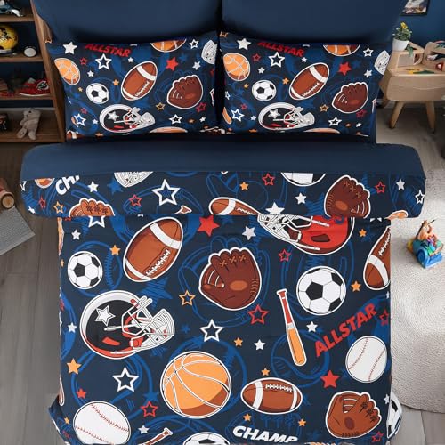 Wink Deer Full Size Ball Glow in the Dark Comforter Set for Boys, 7 Pieces, Sports Ball Pattern