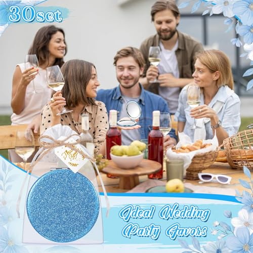 30 Sets Compact Magnifying Mirrors Gift with Thank You Card & Rope Blue