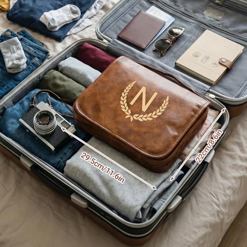 Personalized Hanging Travel Toiletry Bag for Men - Light Brown, Initial E, Large Organizer & Dopp Kit with Water-Resistant Compartments