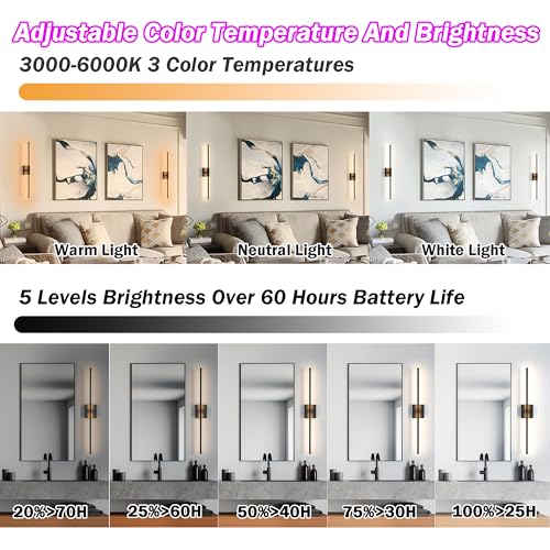 Black Wireless Wall Sconce Set of 2 with 10000mAh Battery & Remote - RGB Color, Dimmable, 70H Runtime