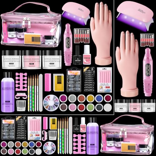 Nail Kit for Beginners with Everything: Practice Hand Acrylic Nail Set Professional Powder Drill Liquid Starter Kits with U V Lamp in Cosmetic Gift Bag for Women Salon Home (Pink)