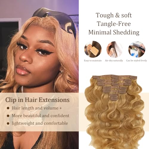 CP-Gold-#27-B 16 Inch Blonde Clip-In Hair Extensions Real Human Hair Honey Blonde Body Wave