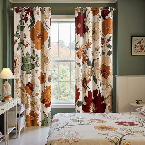 Boho Floral Blackout Curtains 84 Inch Grommet Panels - Orange/Red, 50W x 84L, Pack of 2